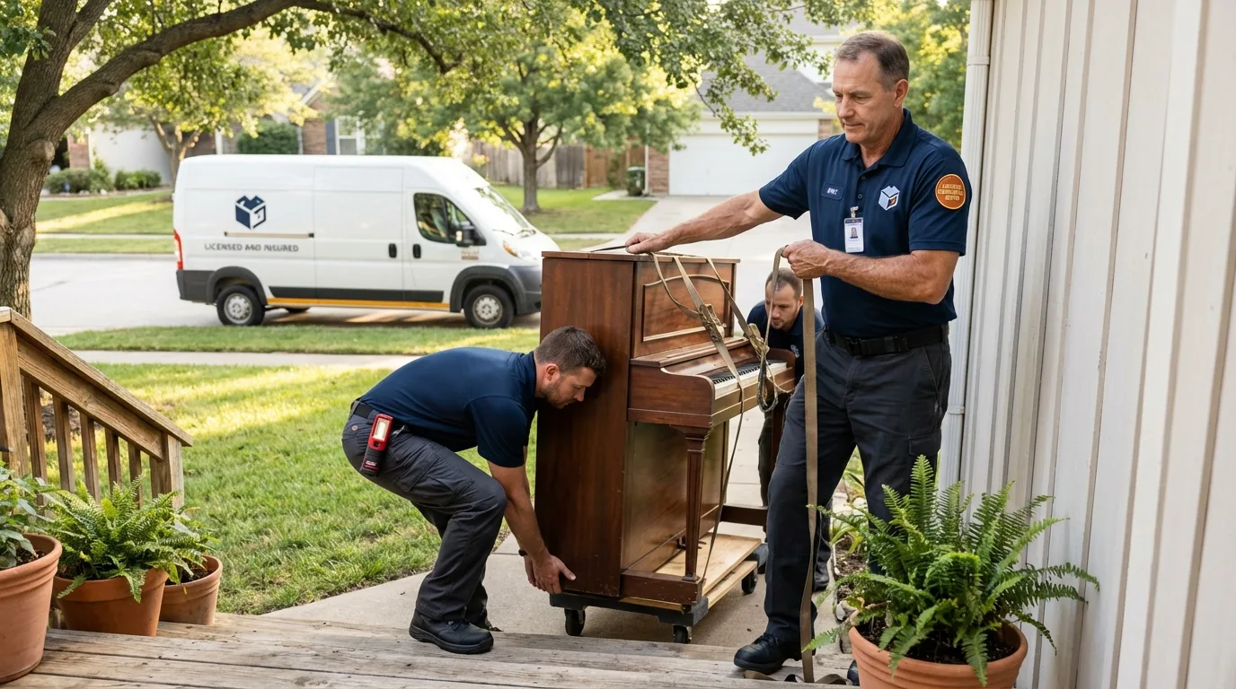 Licensed piano movers securing grand piano in Chappaqua, NY