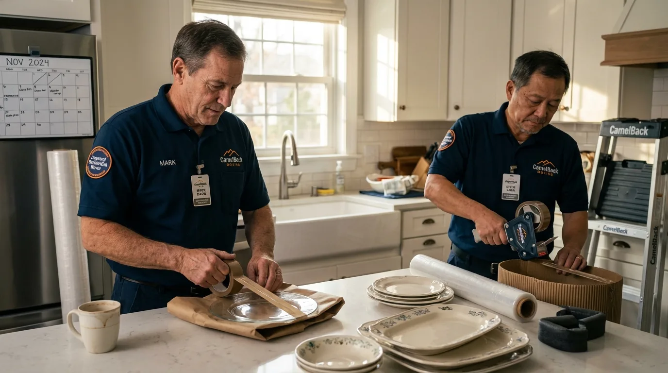 Professional crew packing kitchen dishware in Chappaqua, NY